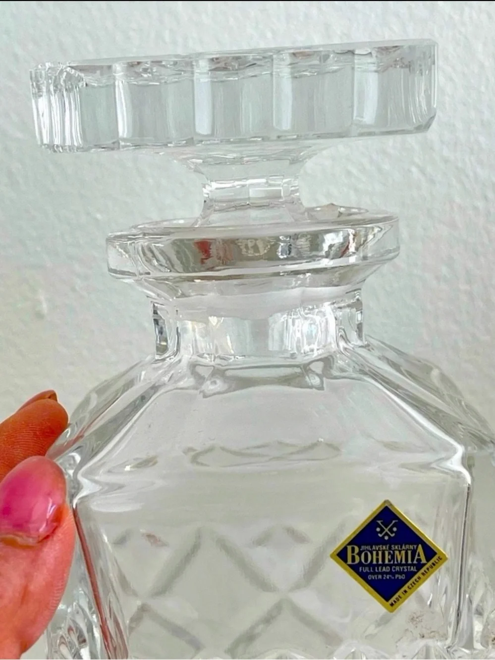 Set of 2 Bohemian Lead Crystal Square Decanter with Stopper & Lismore Snifter